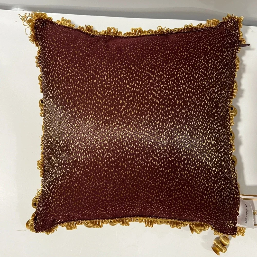 Waterford Linens Burgundy Gold Metallic Tassel Trim Throw Pillows Set of 2 12x12